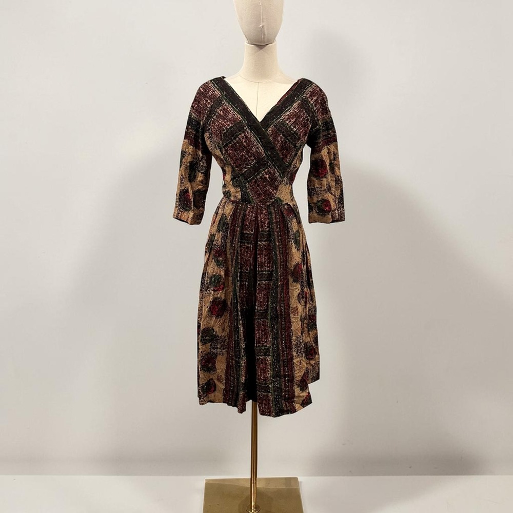 Vintage Joan Leslie Tapestry Floral Midi Dress V-Neck Pleated XS S Womens Brown